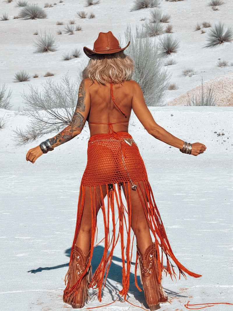 Goddess Crocheted Cowboy Fringe Set, Bohemian Crochet Skirt Set, Western Cowgirl Outfit, Exotic Bali Tulum Dress Skirt Set
