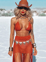Goddess Crocheted Cowboy Fringe Set, Bohemian Crochet Skirt Set, Western Cowgirl Outfit, Exotic Bali Tulum Dress Skirt Set