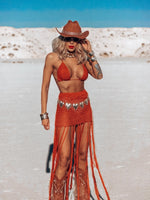 Goddess Crocheted Cowboy Fringe Set, Bohemian Crochet Skirt Set, Western Cowgirl Outfit, Exotic Bali Tulum Dress Skirt Set