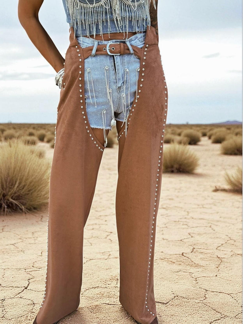 Faux Suede Cowgirl Chaps: Silver Studded Western Style