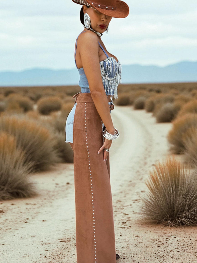 Faux Suede Cowgirl Chaps: Silver Studded Western Style