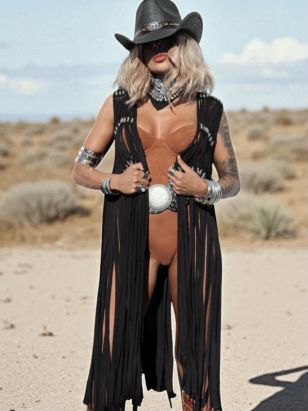 Black Beaded Fringe Vest: Macrame-Style Cowgirl Glam Top