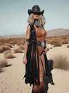 Black Beaded Fringe Vest: Macrame-Style Cowgirl Glam Top
