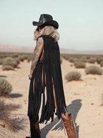 Black Beaded Fringe Vest: Macrame-Style Cowgirl Glam Top