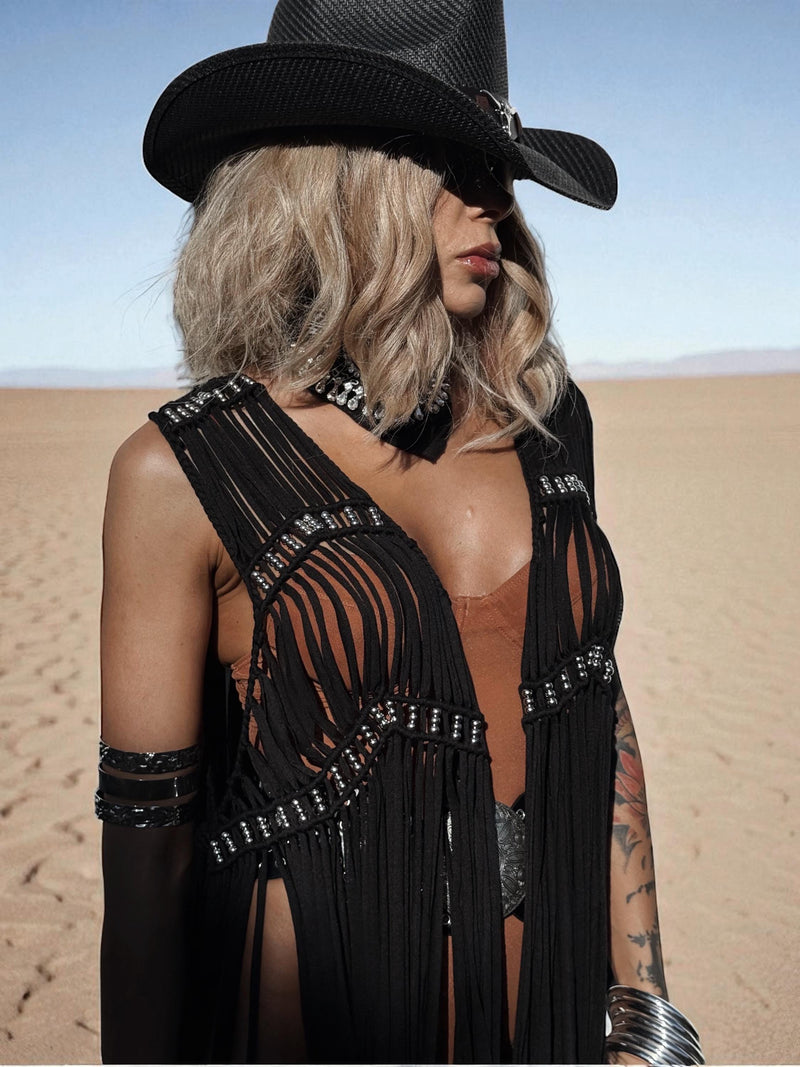 Black Beaded Fringe Vest: Macrame-Style Cowgirl Glam Top