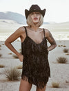 Disco Cowboy Sequin Fringe Black Mini Dress, Disco Queen Dress, Fringe Cowgirl Dress, Western Glam Costume Dress
