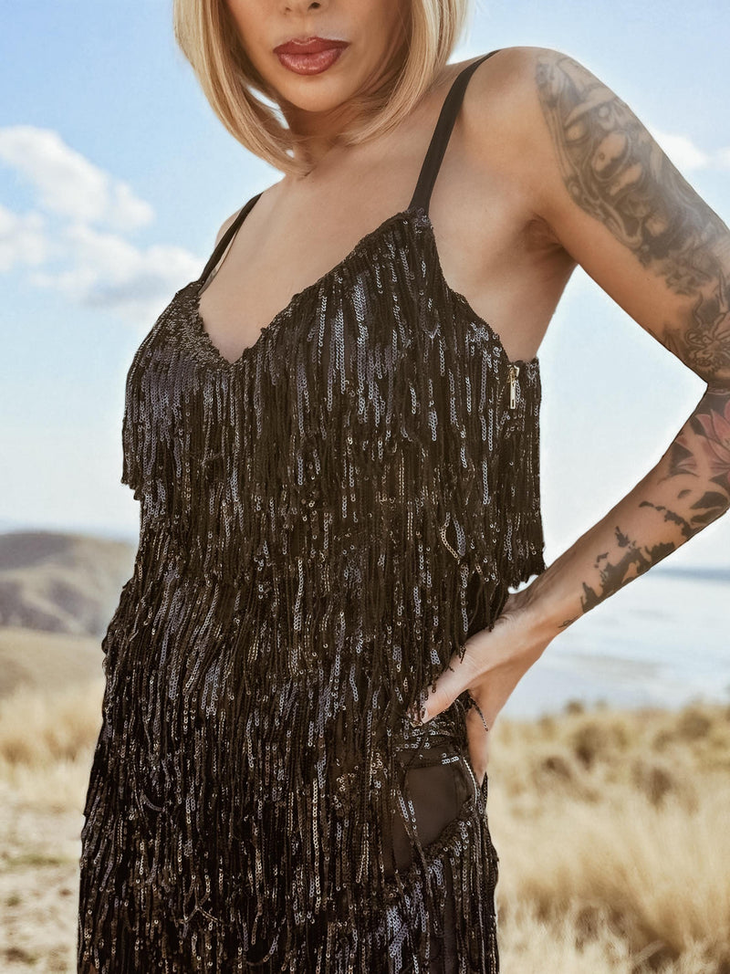 Disco Cowboy Sequin Fringe Black Mini Dress, Disco Queen Dress, Fringe Cowgirl Dress, Western Glam Costume Dress