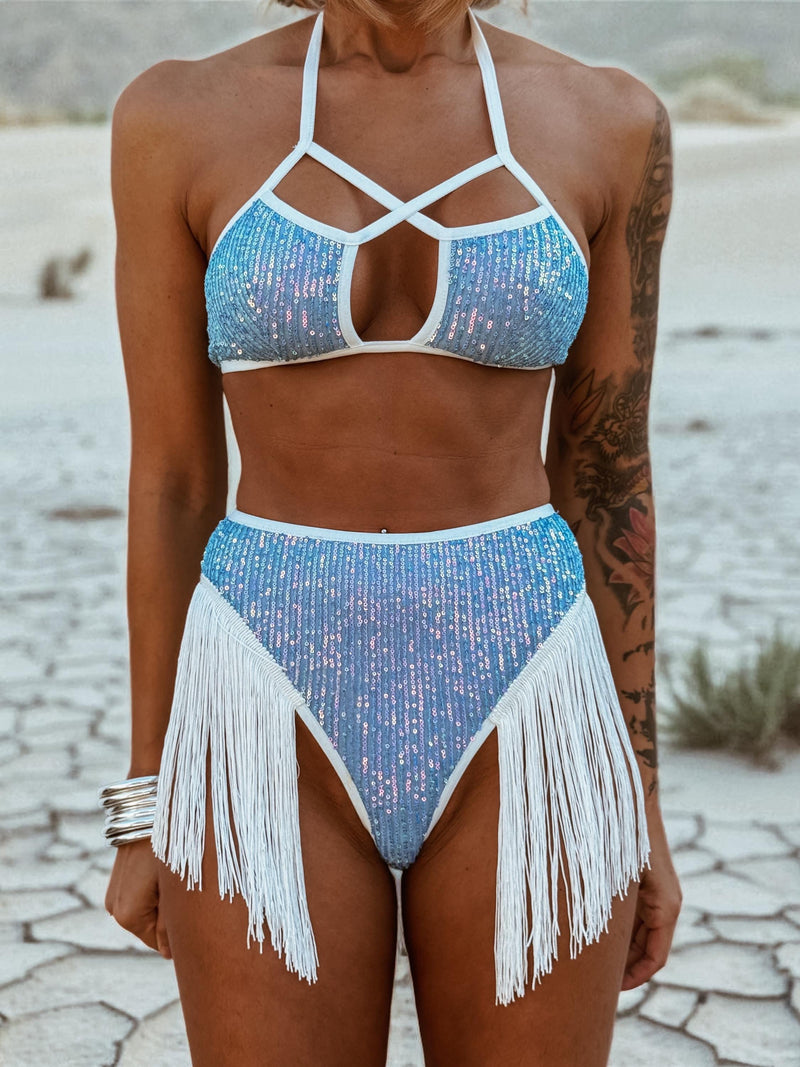 Blue Sequin Fringe Festival Set, Cowgirl Costume Set, Western Glam Fringe Set, Disco Cowboy Set, Country Bride Costume