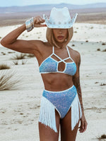 Blue Sequin Fringe Festival Set, Cowgirl Costume Set, Western Glam Fringe Set, Disco Cowboy Set, Country Bride Costume