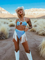 Blue Sequin Fringe Festival Set, Cowgirl Costume Set, Western Glam Fringe Set, Disco Cowboy Set, Country Bride Costume