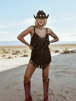 Disco Cowboy Sequin Fringe Black Mini Dress, Disco Queen Dress, Fringe Cowgirl Dress, Western Glam Costume Dress