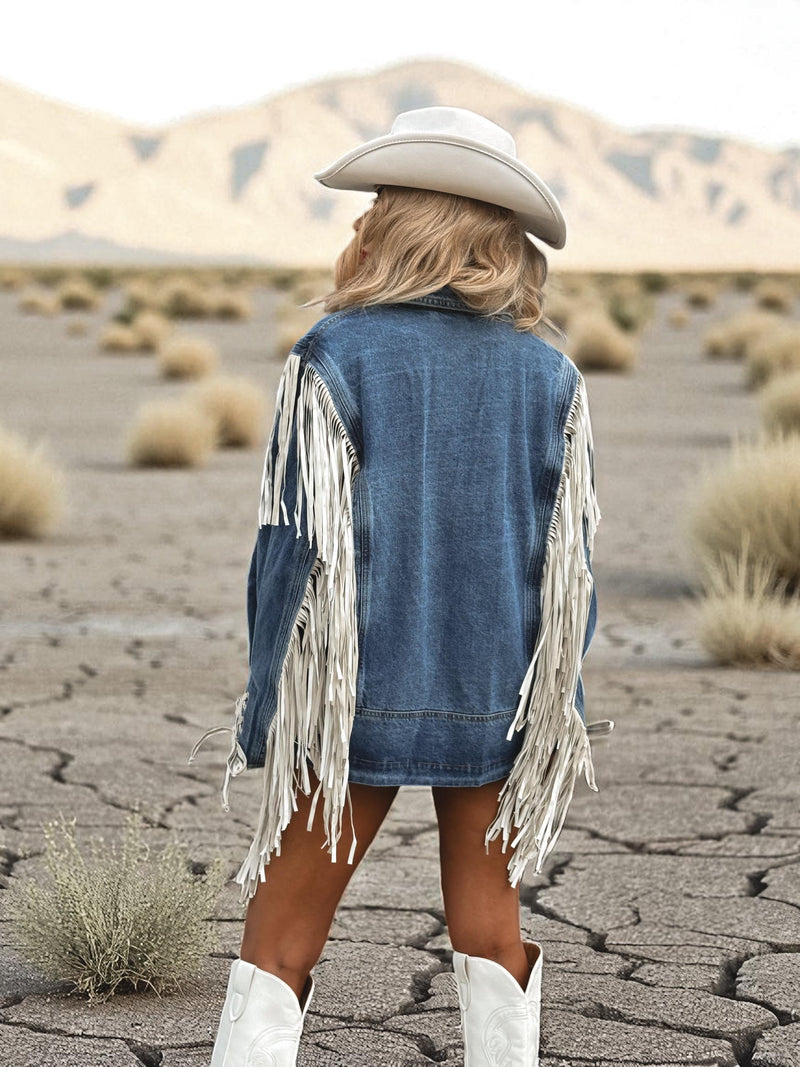 Oversize Fringe Denim Cowgirl Jacket, Fringe Western Jacket, Bridal Fringe Jacket, Denim Festival Jacket, Western Glam Outfit Jacket