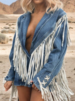 Oversize Fringe Denim Cowgirl Jacket, Fringe Western Jacket, Bridal Fringe Jacket, Denim Festival Jacket, Western Glam Outfit Jacket