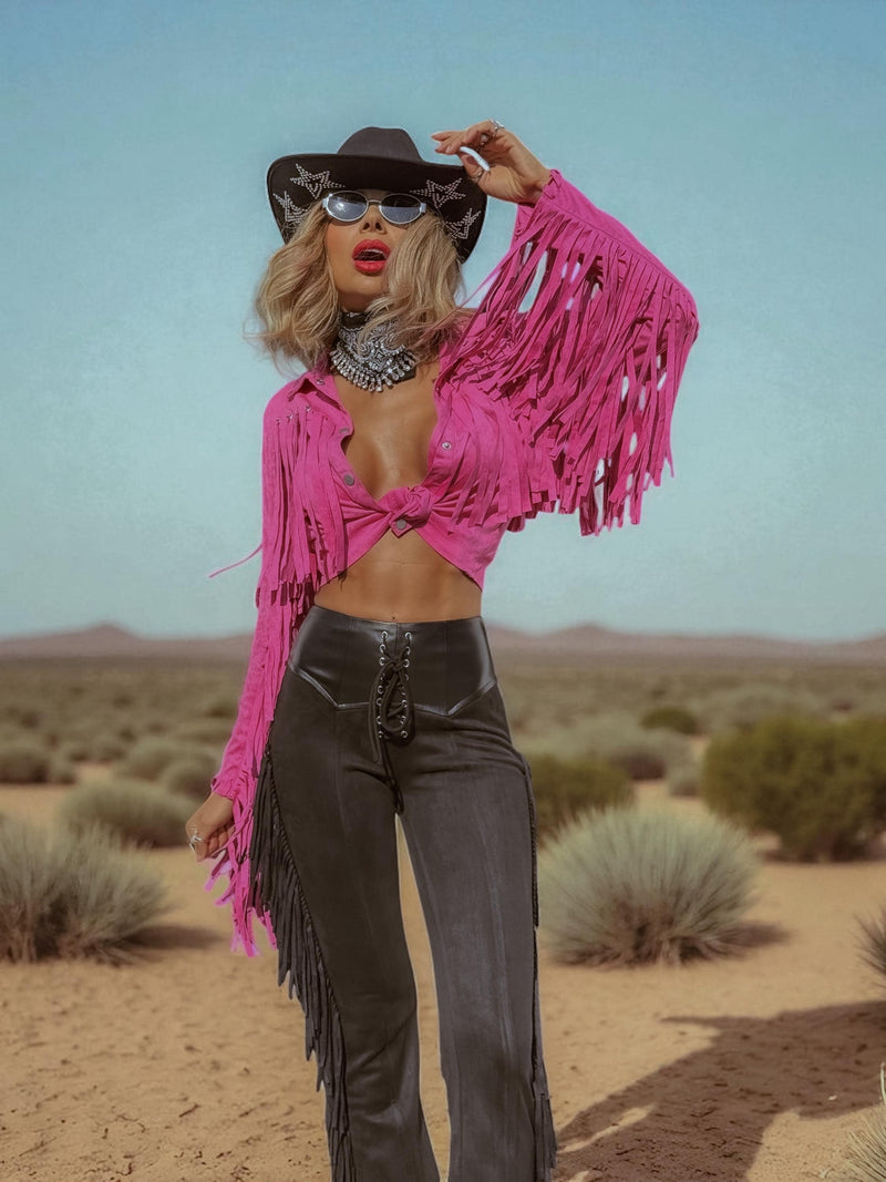 Pink Faux Suede Fringe Shirt Jacket, Pink Cowgirl Jacket, Western Faux Suede Pink Fringe Jacket, Western Glam Pink Western Shirt