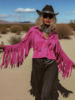 Pink Faux Suede Fringe Shirt Jacket, Pink Cowgirl Jacket, Western Faux Suede Pink Fringe Jacket, Western Glam Pink Western Shirt