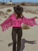 Pink Faux Suede Fringe Shirt Jacket, Pink Cowgirl Jacket, Western Faux Suede Pink Fringe Jacket, Western Glam Pink Western Shirt
