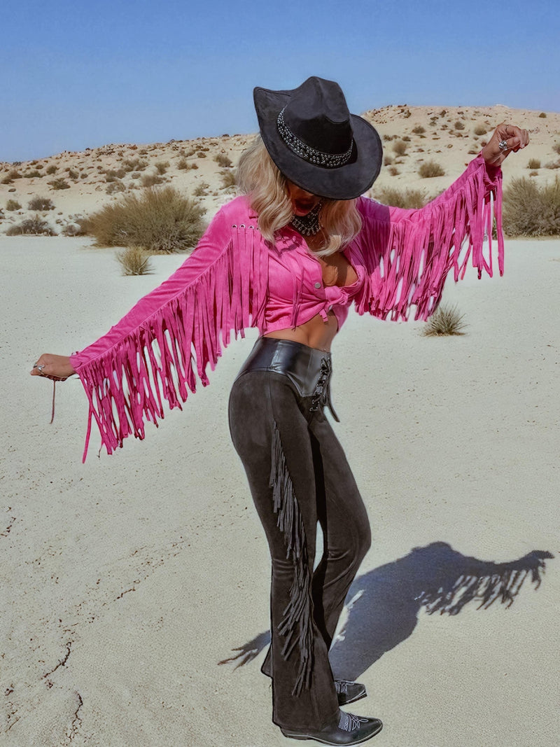 Fringe Flare Western Pants: PU Leather and Suede Chaps Pants, Western Cowgirl Style Chaps Pants, Western Glam Faux Suede Pants