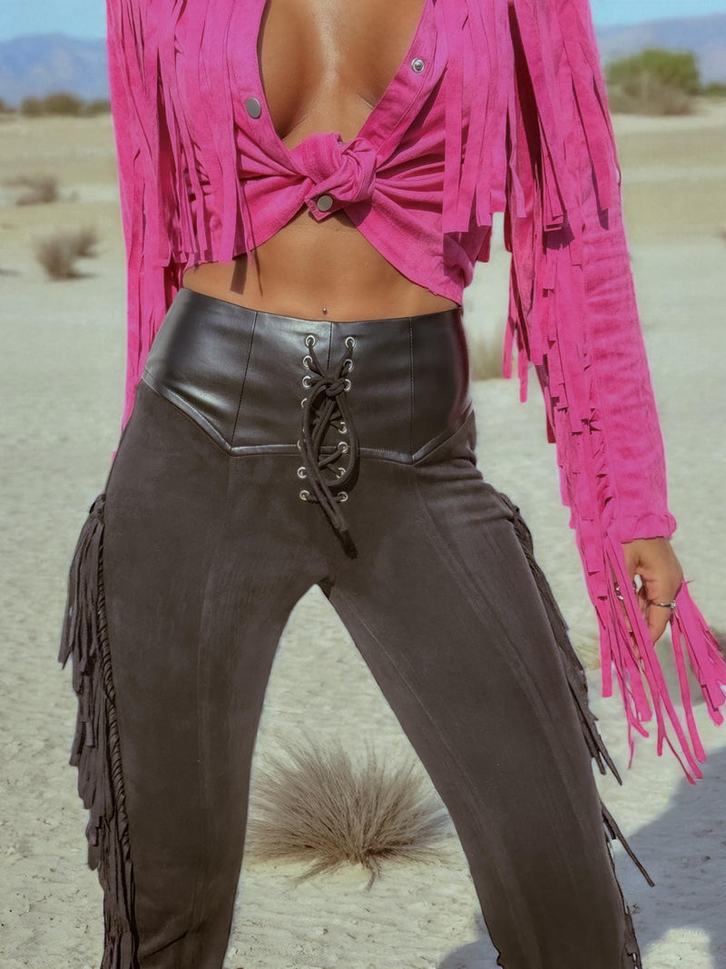 Fringe Flare Western Pants: PU Leather and Suede Chaps Pants, Western Cowgirl Style Chaps Pants, Western Glam Faux Suede Pants