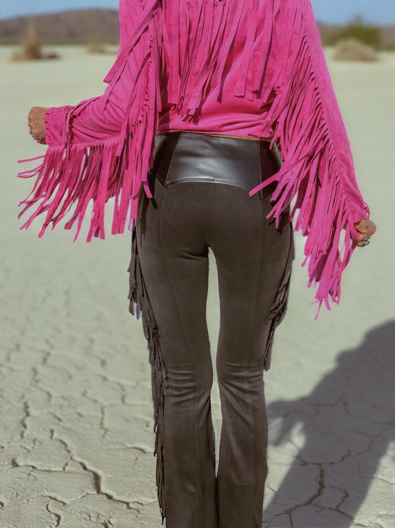 Fringe Flare Western Pants: PU Leather and Suede Chaps Pants, Western Cowgirl Style Chaps Pants, Western Glam Faux Suede Pants