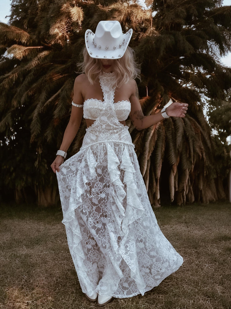 Boho Bridal Lace Gown, Bohemian Western Bride Dress, Bachelorette Party Dress, Boho Elopement Dress
