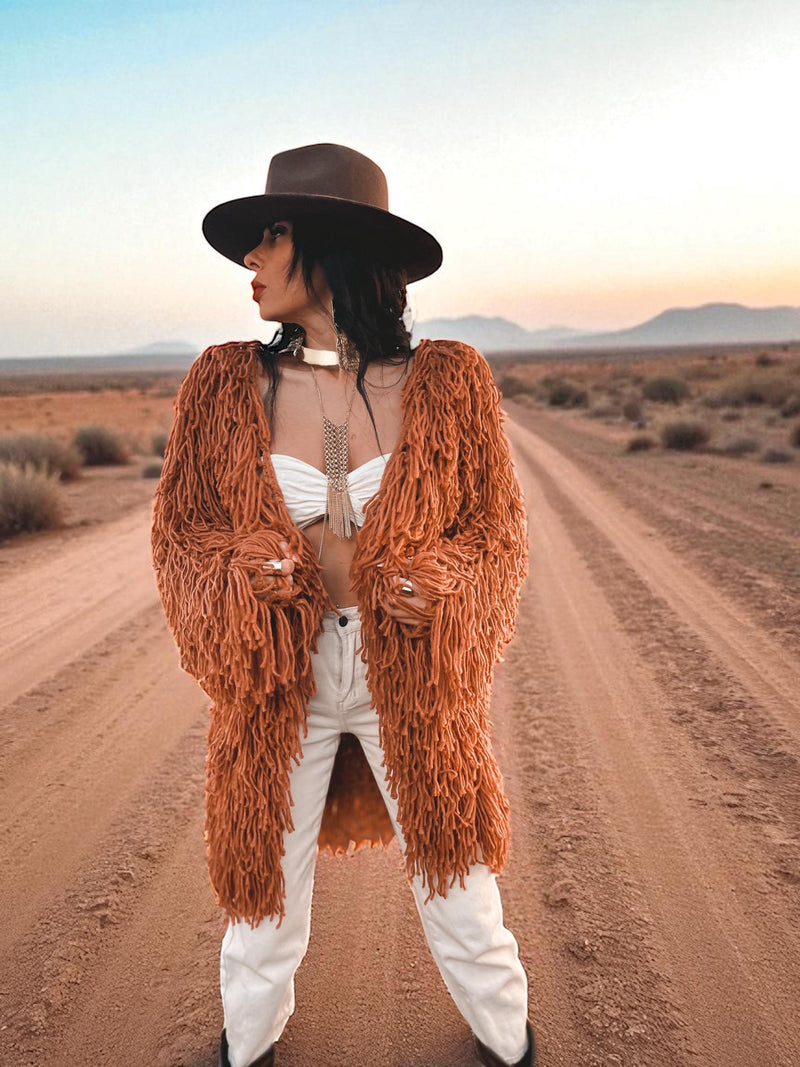 Boho Fringe Coat, Knit Fringe Mid Maxi Festival Coat, Tassel Kimono, Crochet Fringe Jacket, Bohemian Knitted Cardigan,Chunky Cardigan Jacket