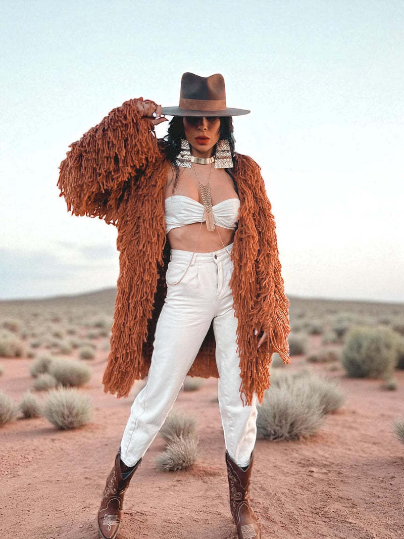 Boho Fringe Coat, Knit Fringe Mid Maxi Festival Coat, Tassel Kimono, Crochet Fringe Jacket, Bohemian Knitted Cardigan,Chunky Cardigan Jacket
