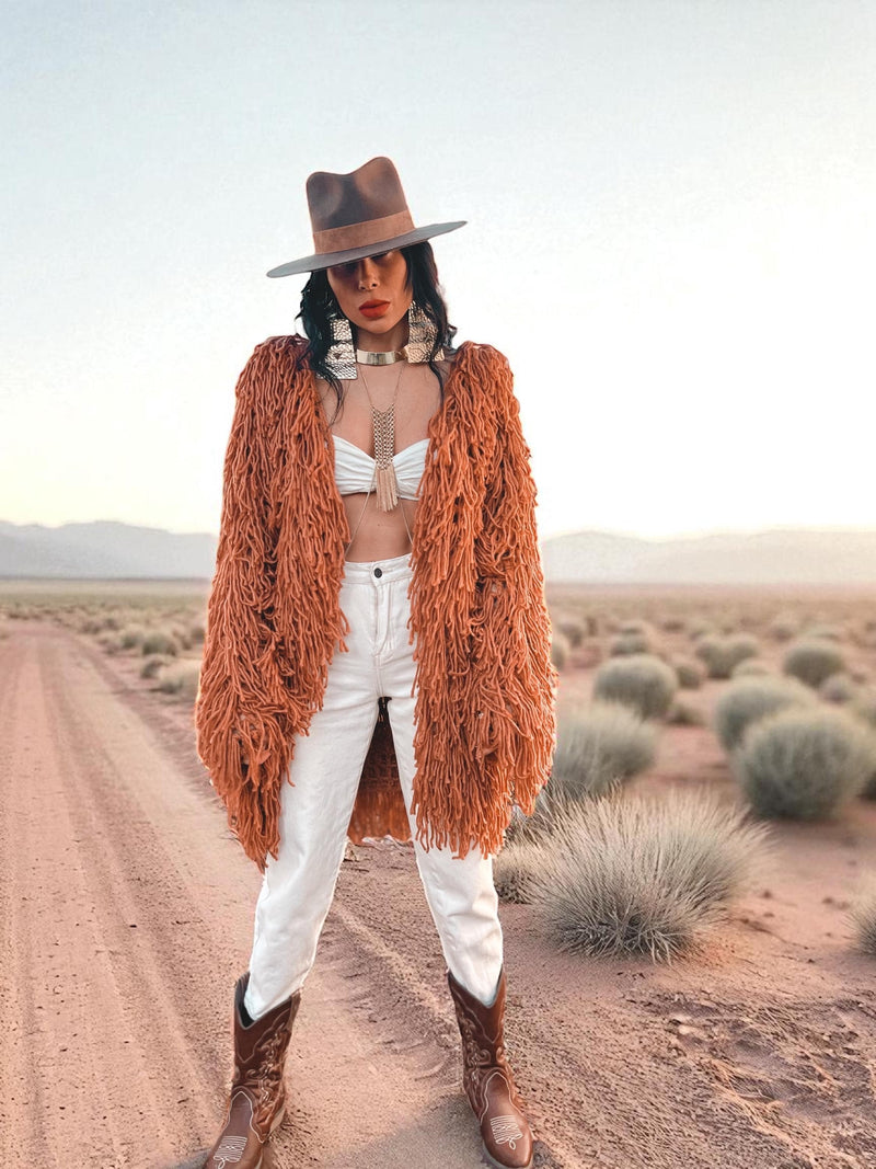 Boho Fringe Coat, Knit Fringe Mid Maxi Festival Coat, Tassel Kimono, Crochet Fringe Jacket, Bohemian Knitted Cardigan,Chunky Cardigan Jacket