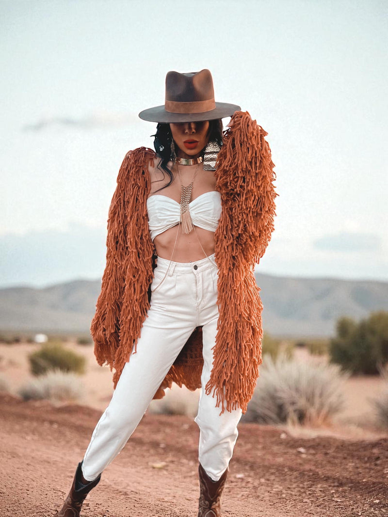 Boho Fringe Coat, Knit Fringe Mid Maxi Festival Coat, Tassel Kimono, Crochet Fringe Jacket, Bohemian Knitted Cardigan,Chunky Cardigan Jacket