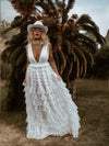 Boho Pearl Wedding Gown Dress, Western Tulle Bridal Dress, Pearl Embellished Reception Dress, Bohemian Elopement Romantic Dress