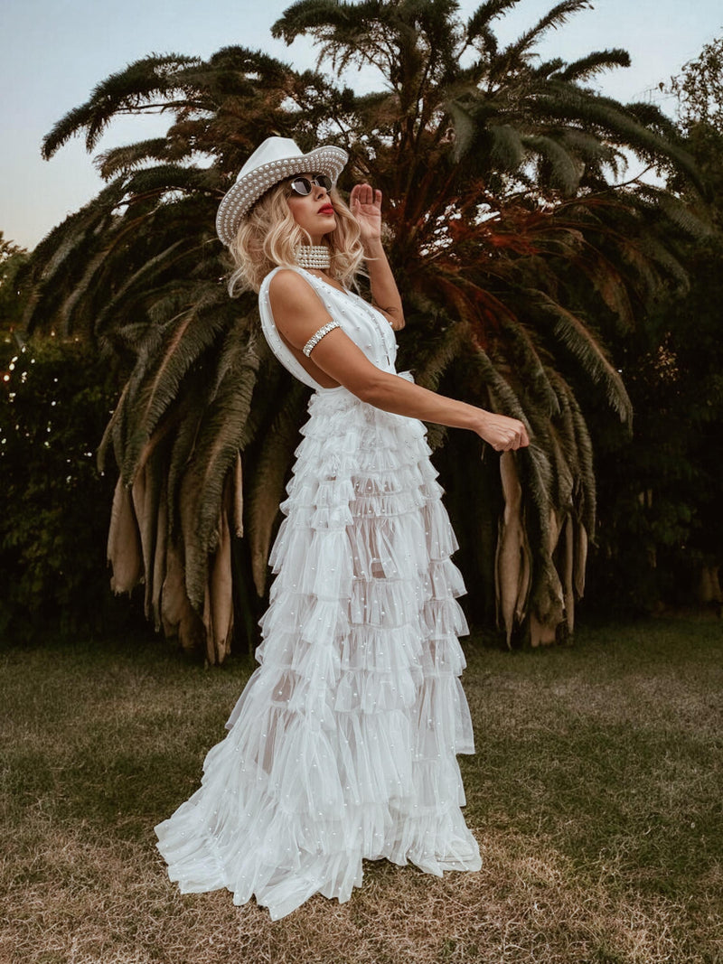 Boho Pearl Wedding Gown Dress, Western Tulle Bridal Dress, Pearl Embel Gypsy Tale Boho Pearl Wedding Gown Dress, Western Tulle Bridal Dress, Pearl Embel Gypsy Tale