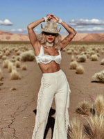 Fringe Faux Suede Bell Bottom Pants, Faux Suede Flared Cowgirl Pants, Fringe Festival Studded Pants