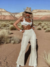 Fringe Faux Suede Bell Bottom Pants, Faux Suede Flared Cowgirl Pants, Fringe Festival Studded Pants