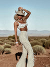 Fringe Faux Suede Bell Bottom Pants, Faux Suede Flared Cowgirl Pants, Fringe Festival Studded Pants