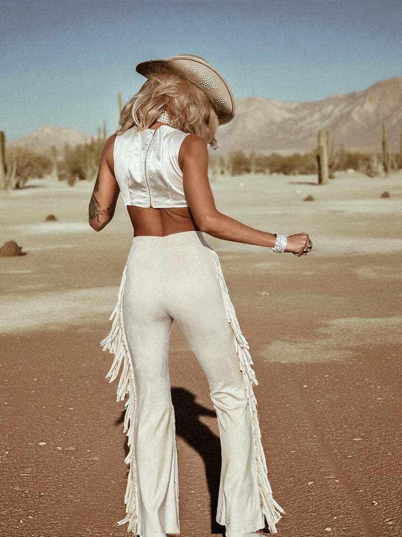 Fringe Faux Suede Bell Bottom Pants, Faux Suede Flared Cowgirl Pants, Fringe Festival Studded Pants