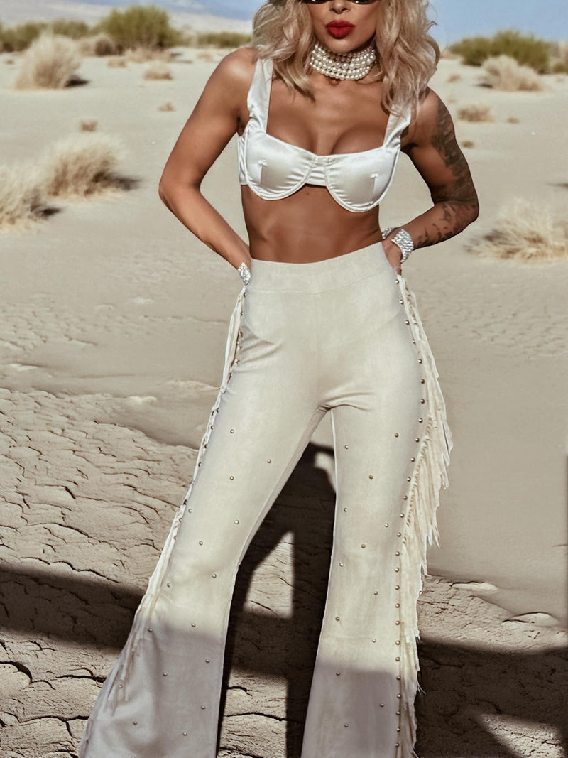Fringe Faux Suede Bell Bottom Pants, Faux Suede Flared Cowgirl Pants, Fringe Festival Studded Pants