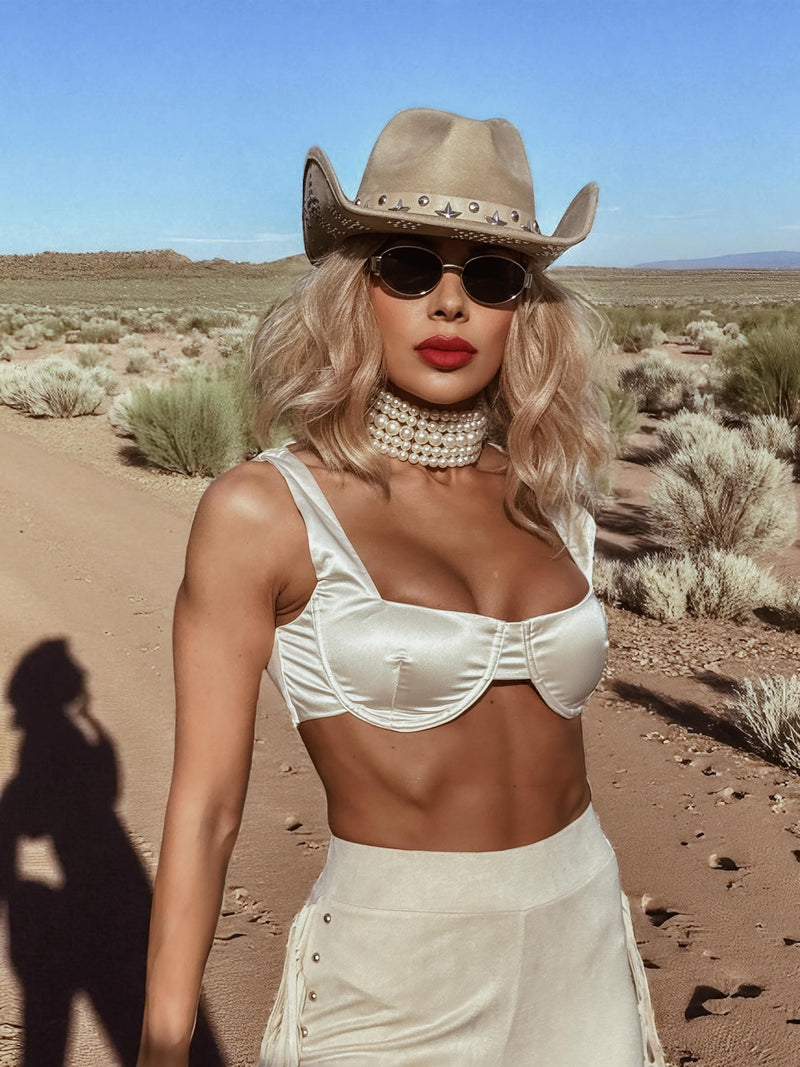 Beige Satin Square Neck Crop Top, Bralette Bridal Top, Western Cowgirl Top