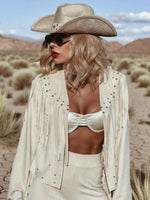 Studded Fringe Faux Suede Jacket, Western Cowgirl Suede Kimono Jacket, Suede Fringe Cowboy Jacket