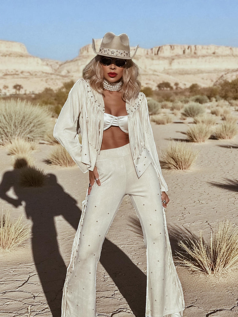 Studded Fringe Faux Suede Jacket, Western Cowgirl Suede Kimono Jacket, Suede Fringe Cowboy Jacket