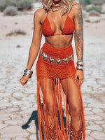 Goddess Crocheted Cowboy Fringe Set, Bohemian Crochet Skirt Set, Western Cowgirl Outfit, Exotic Bali Tulum Dress Skirt Set