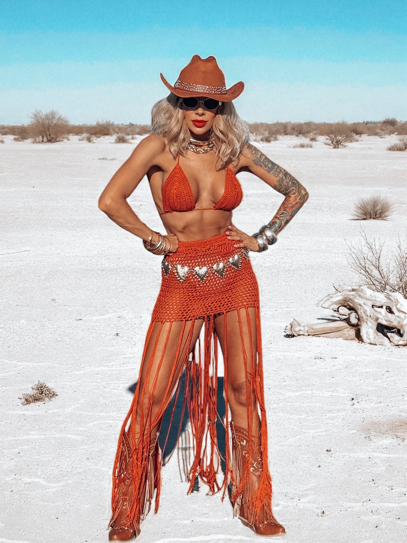 Goddess Crocheted Cowboy Fringe Set, Bohemian Crochet Skirt Set, Western Cowgirl Outfit, Exotic Bali Tulum Dress Skirt Set