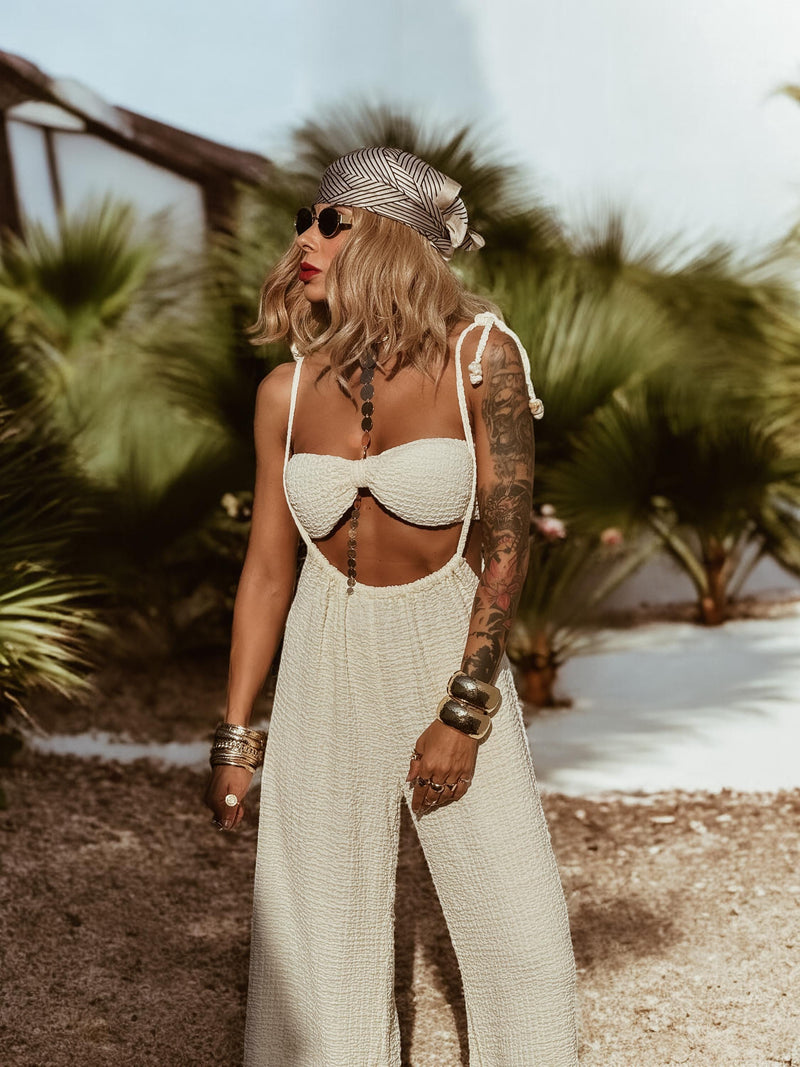 Bohemian Suspender Pants Set, Boho Textured Pants Set, Yoga Goddess Pants and Top, Romantic Bridal Pants Set, Honeymoon Beach Wedding Set