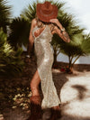 Western Glam Gold Sequin Festival Dress, Gold Cowgirl Dress, Disco Cowboy Outfit, Gold Overall Dress, Sequin Mesh Beach Dress, Gold Goddess