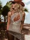 Western Glam Gold Sequin Festival Dress, Gold Cowgirl Dress, Disco Cowboy Outfit, Gold Overall Dress, Sequin Mesh Beach Dress, Gold Goddess