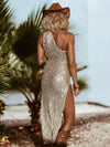 Western Glam Gold Sequin Festival Dress, Gold Cowgirl Dress, Disco Cowboy Outfit, Gold Overall Dress, Sequin Mesh Beach Dress, Gold Goddess
