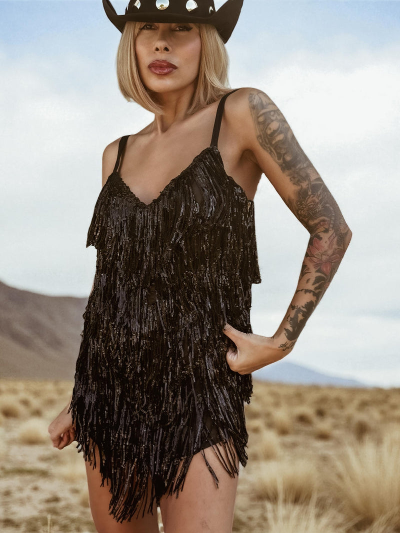 Disco Cowboy Sequin Fringe Black Mini Dress, Disco Queen Dress, Fringe Cowgirl Dress, Western Glam Costume Dress
