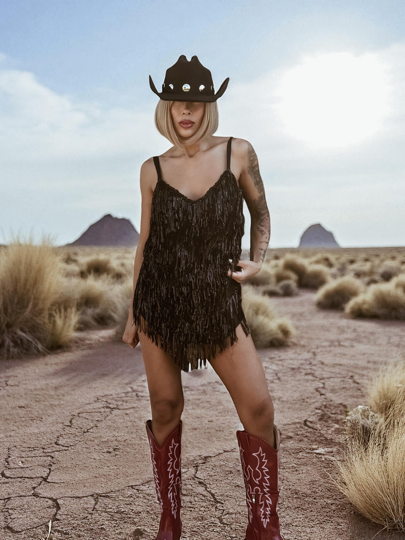 Disco Cowboy Sequin Fringe Black Mini Dress, Disco Queen Dress, Fringe Cowgirl Dress, Western Glam Costume Dress