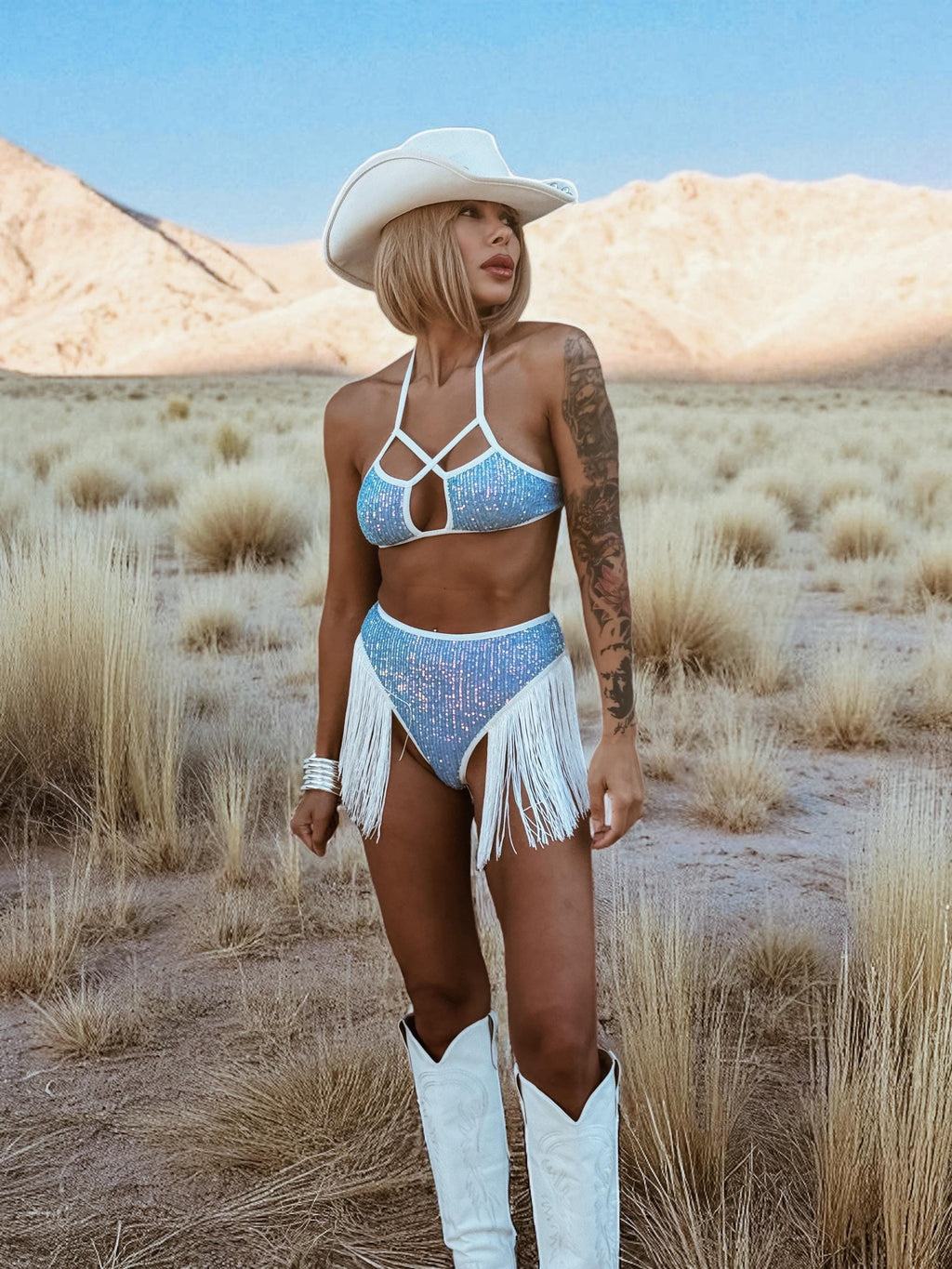 Blue Sequin Fringe Festival Set, Cowgirl Costume Set, Western Glam Fringe Set, Disco Cowboy Set, Country Bride Costume