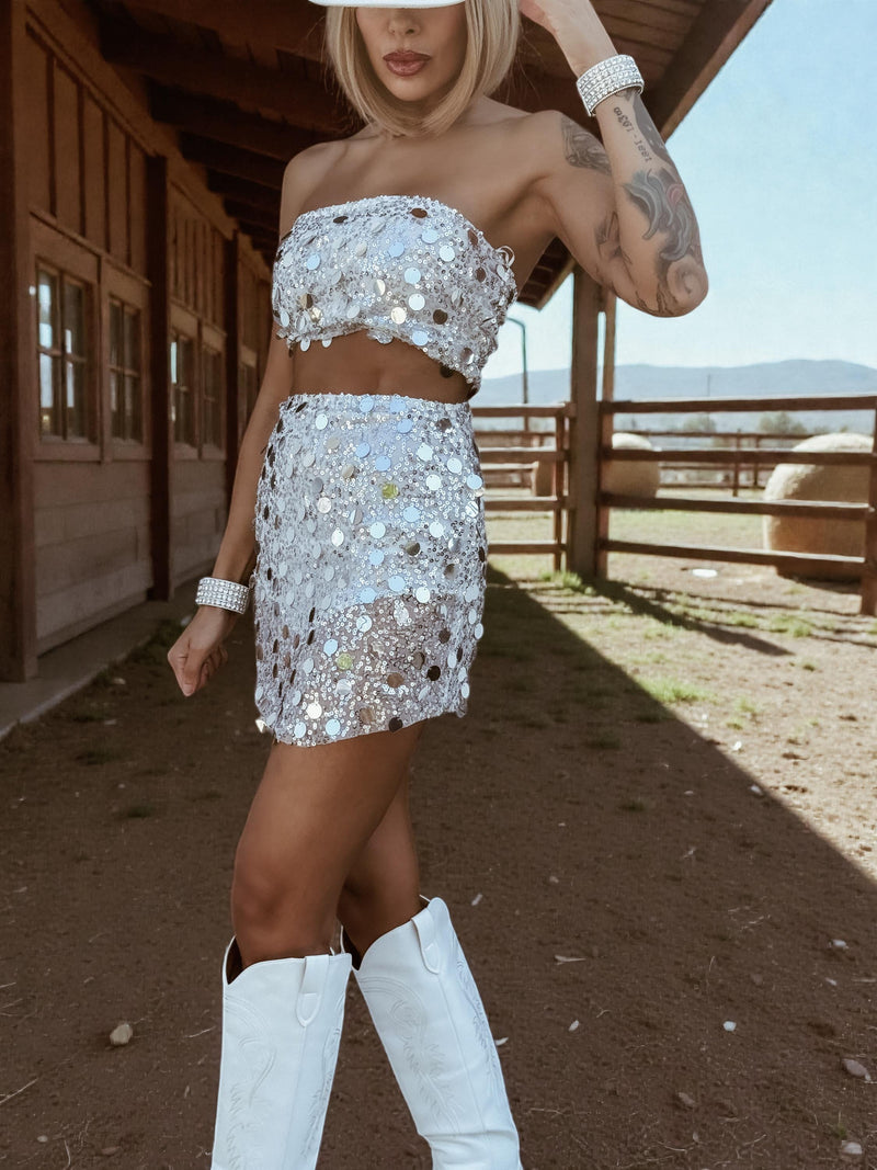 Silver Sequin Fringe Festival Outfit Set, White Silver Western Glam Co Gypsy Tale Silver Sequin Fringe Festival Outfit Set, White Silver Western Glam Co Gypsy Tale