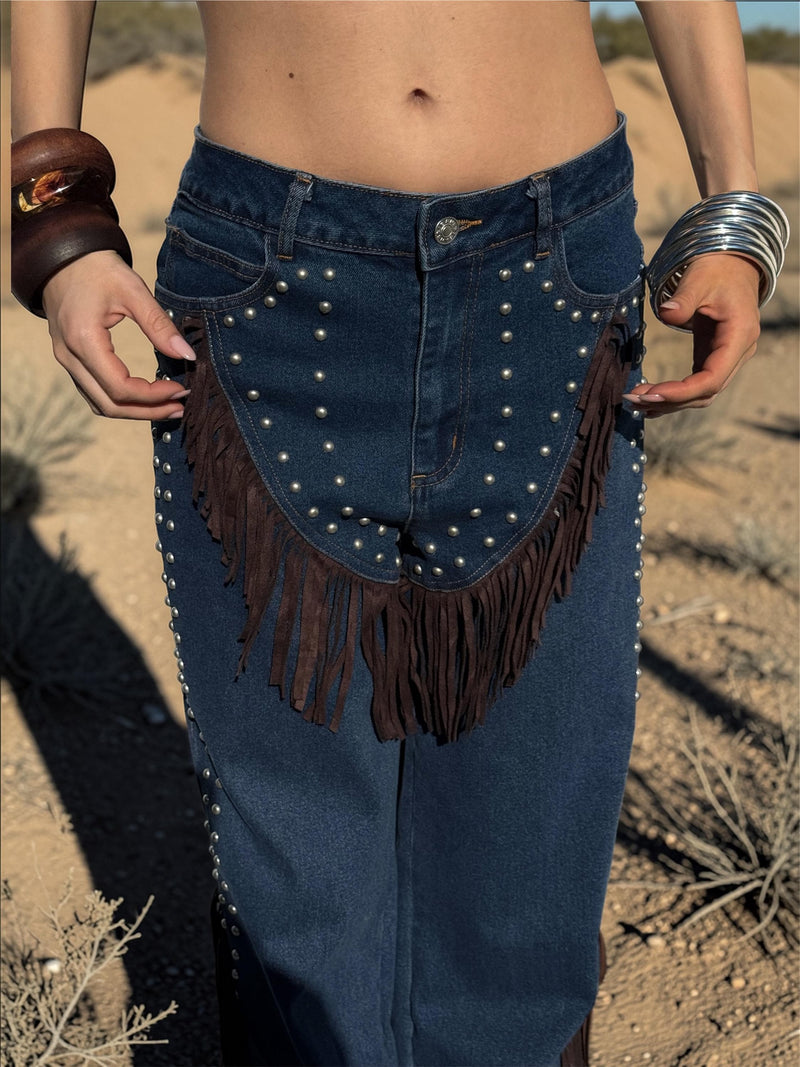 Fringe Denim Chaps, Fringe Flared Cowgirl Pants, Fringe Festival