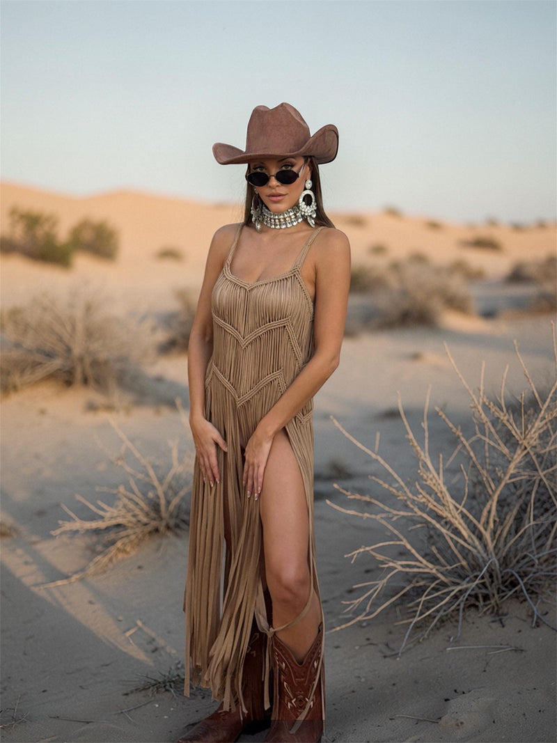 brown fringe dress BROWN BOHO DRESS kayame Fringe Bohemian Dress  Boho Maxi Dress  Goddess  Dress  Festival Dress  Western Dress  Wrap Linen Dress